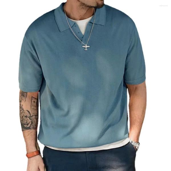 Camisetas para hombre, camisa Retro con cuello en V para hombre, camiseta holgada de manga corta de punto, Color sólido, moda informal, Polo Vintage