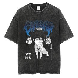 T-shirts masculins T-shirt lavé rétro Anime Chainsaw Man T-shirt Coton Coton Summer à manches courtes