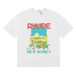 Camisetas para hombre Rhude New Money Windowsill camiseta con estampado de paisaje High Street Algodón y camiseta holgada de manga corta para mujer 2tcfn