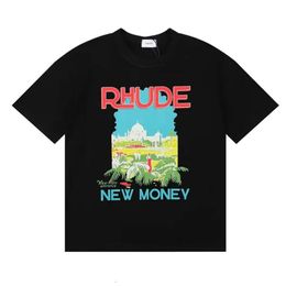 Camisetas para hombre Rhude New Money Windowsill camiseta con estampado de paisaje High Street algodón y camiseta holgada de manga corta para mujer 3x3n4