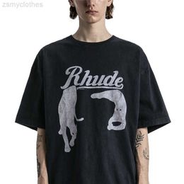 T-shirts voor heren Rhude New Spring en Summer Retro Night Cat Printing High Street Cotton hoogwaardige T-shirt Black S-XL