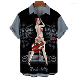 Mannen T Shirts Rockabilly Rocker Print Zomer Casual Oversized Korte Mouw Mode Single-Breasted Blouses Trend Revers Mannen