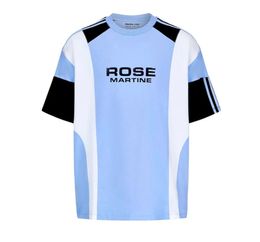 T-shirts masculins Rond Martine Rose Black Black Blue et blanc Striped Football Lettre de football Impression de sports contrastés