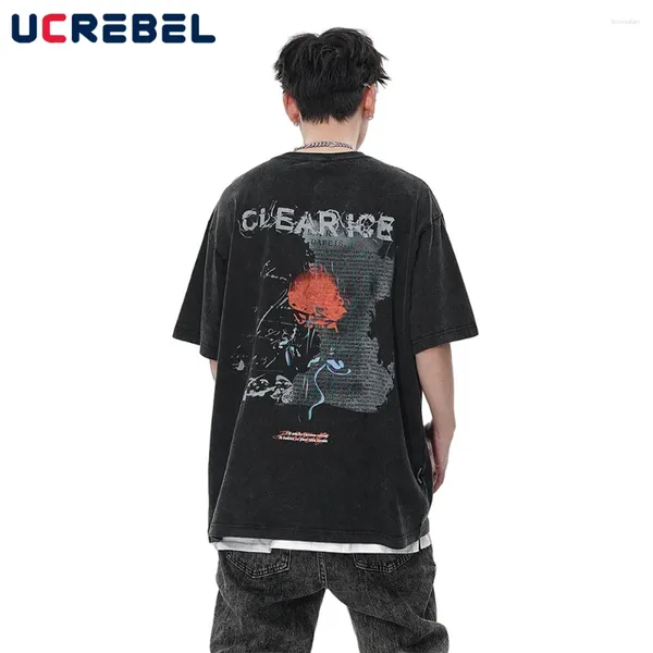 T-shirts pour hommes Rose Back Imprimé T-shirt à manches courtes Mens Summer Washed Distressed High Street Demi-manche Crew Col Coton Tee Hommes