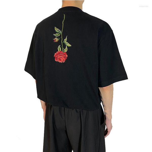 Camisetas de hombre Camiseta de gran tamaño con cuello redondo Bordado de rosas negras Mangas cortas oscuras de alta calidad