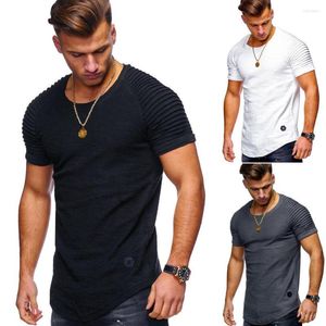 Camisetas para hombre, cuello redondo, ajustada, Color sólido, camiseta de manga corta, camisa plisada con manga raglán, talla grande