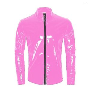 Camisetas para hombre S-7XL Wetlook de cuero de PVC, camiseta con cremallera frontal y cuello levantado, chaqueta de látex para fiesta y Club, abrigo de manga larga para club nocturno para hombres