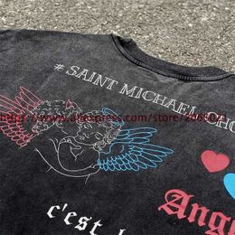 Camisetas para hombres SAINT MICHAEL Bubble Angel Limited Digital Direct Inkjet Impreso camiseta para hombre Vintage Top Wash T-shirt J0221