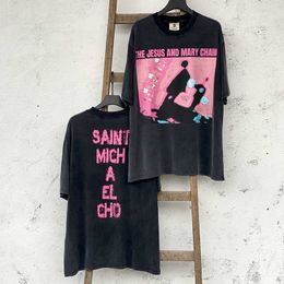 Camisetas para hombre SAINT MICHAEL CHO Estampado de personajes abstractos Mangas cortas lavadas desgastadas vintage High Street