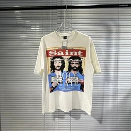 Camisetas para hombres Saint Michael Retrato Impresión de letras Manga corta High Street Vintage Wash Hombres Mujeres 1: 1 Gráfico de gran tamaño