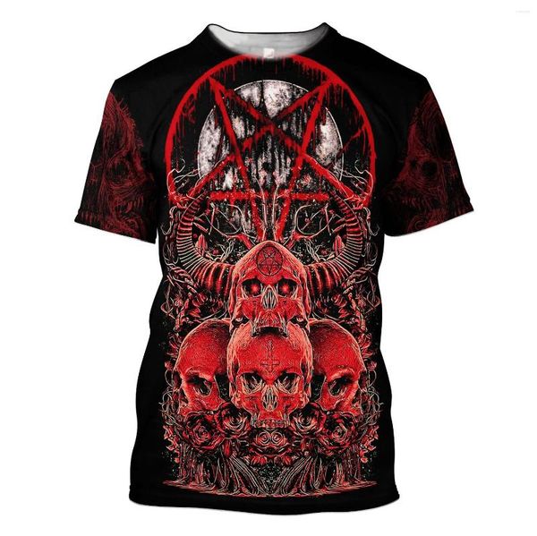 T-shirts pour hommes crâne satanique tatouage rouge T-shirt imprimé en 3D été décontracté col rond à manches courtes Hip-hop Harajuku unisexe Tee Tops Style-6