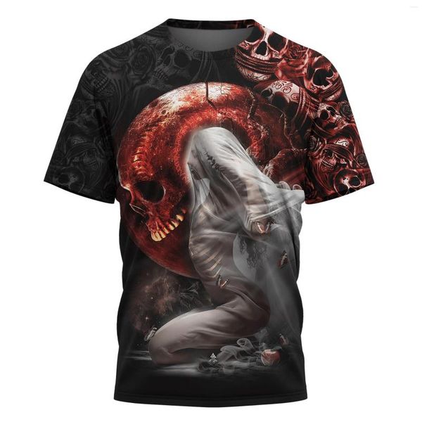 T-shirts pour hommes crâne satanique tatouage rouge T-shirt imprimé en 3D été décontracté col rond à manches courtes Hip-hop Harajuku unisexe Tee Tops Style-7