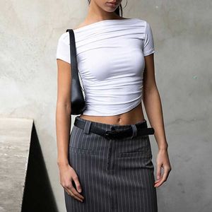 T-shirts voor heren sexy zwarte T-shirts voor dames zomer korte mouwen zeven geplooide kraag crop top casual t-shirt bodycon modieuze solide nieuwe fa h240508