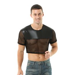 T-shirts pour hommes imitation sexy cuir transparent transparent de pêche à cou de cou net en évidence de grande taille