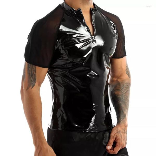 T-shirts pour hommes Sexy hommes maille PU cuir PVC T-shirts Shorts manches pull serré fête Clubwear Oufits Streetwear vêtements de nuit