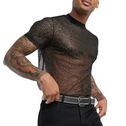 T-shirts pour hommes Sexy hommes Bling T-shirt haut à manches courtes paillettes maille transparente t-shirts été mâle Blouse t-shirts 230731