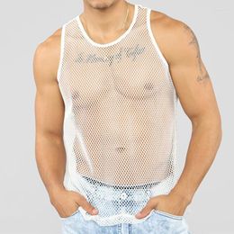 Heren t shirts sexy mannen mouwloze mesh pure tops outport gym training t-shirt vis net hollow out kijken door sportkleding