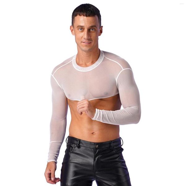 Camisetas de hombre Camiseta de culturismo de manga larga para hombre sexy Camiseta de malla transparente con músculo Crop Top Mock Neck Cover Ups Ropa de playa Traje de espectáculo de escenario