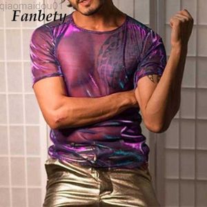 Camisetas de hombre Sexy Mesh See-through Tops Summer Reflective O Neck Camiseta de manga corta Hot Summer Transparent Night Club Undershirt para hombre L230713