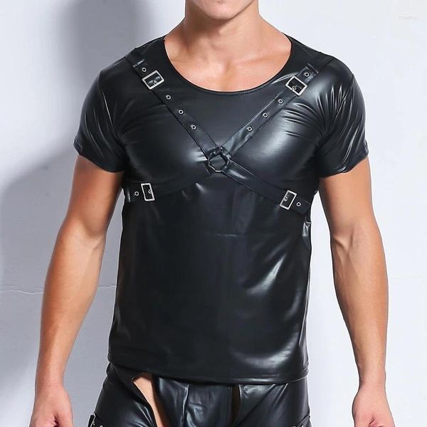 T-shirts pour hommes Sexy en cuir PU noir T-Shirt Slim Rivet haut bandeau à manches courtes t-shirts hommes Look humide Latex discothèque Catsuit