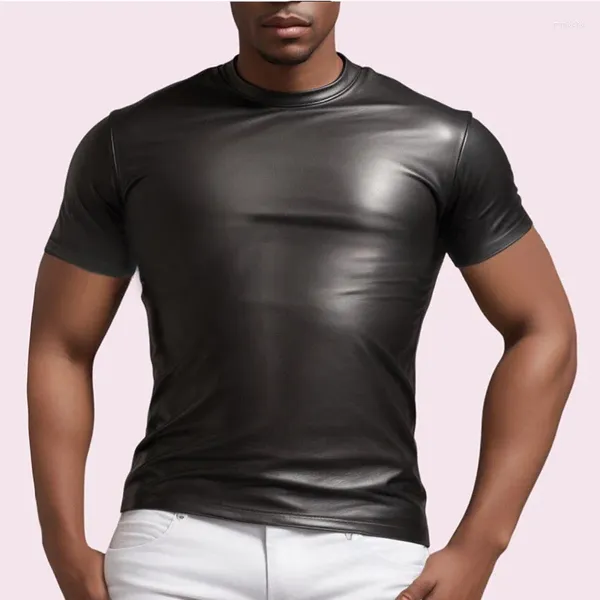 T-shirts pour hommes, Sexy, en cuir PU mat, gilet, sous-vêtement extensible, en Latex, Clubwear, Costume de scène, haut moulant musculaire, 2023