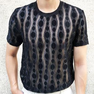 T-shirts pour hommes Sexy Col Rond Chemise Slim Hommes Vêtements Discothèque À Manches Courtes Top Qualité Transparent Motifs Géométriques Voir À Travers