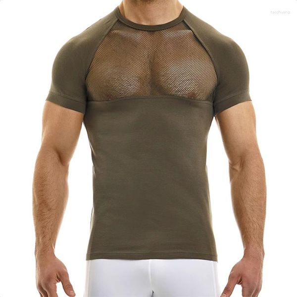 T-shirts pour hommes Sexy voir à travers maille Patchwork chemise hommes été à manches courtes col rond mode hauts minces pour hommes T-Shirts transparents