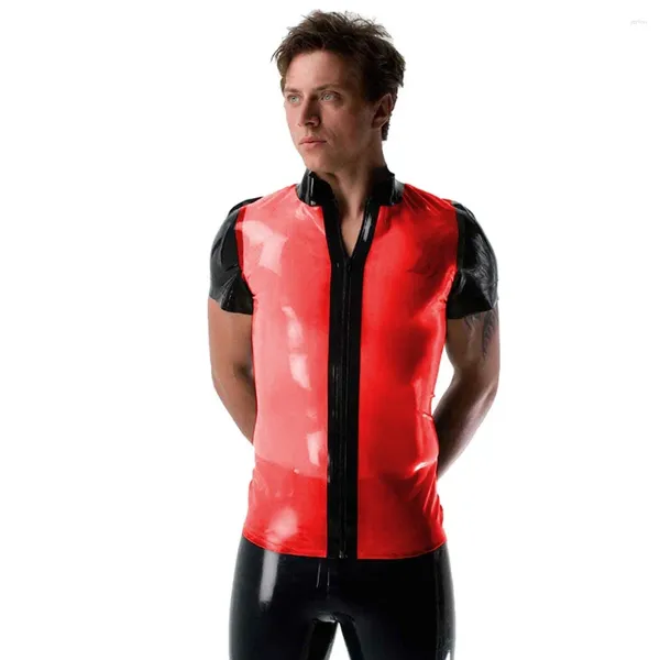 T-shirts pour hommes Sexy manches courtes noir patchwork clair PVC hommes vestes moto col haut voir à travers fermeture éclair t-shirt fétiche plastique club tops