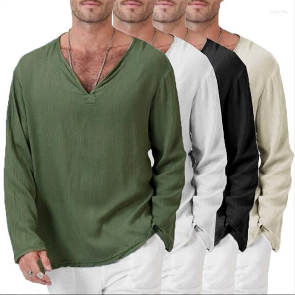 Hommes t-shirts chemise Camisa été à manches longues mâle Blouse haut Style confortable ample col en v lin coton et hommes