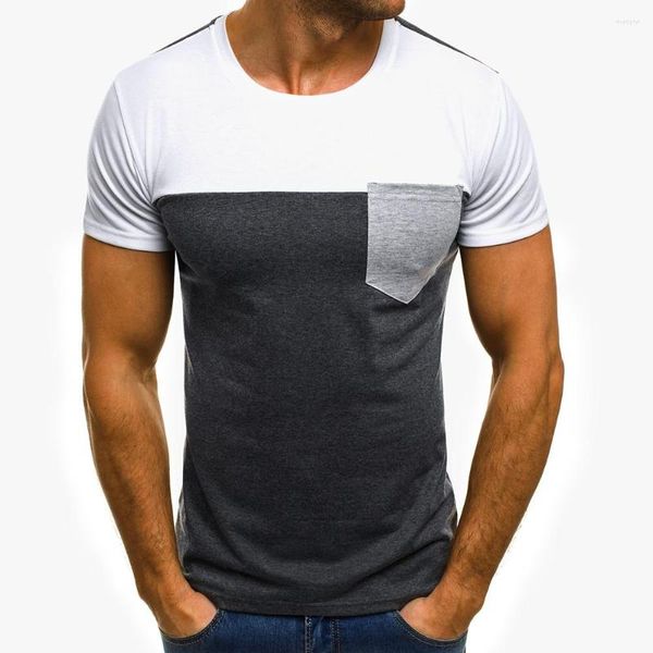 Camisetas para hombre, camiseta musculosa para hombre, blusa ajustada informal de manga corta con bolsillo de retazos, Top de moda de verano S-XL