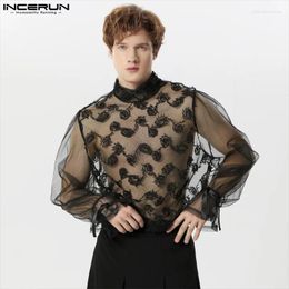 T-shirts hommes chemise maille jacquard col roulé à manches longues transparent hommes vêtements streetwear 2024 mode sexy camisetas S-5XL INCERUN