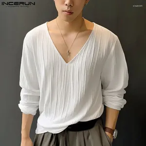 Camisetas para hombres camisa color sólido V cuello manga larga plisado plisado ropa casual ropa streetwear coreana 2024 leisure tee tops incerun