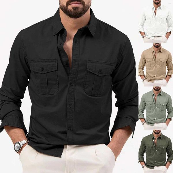 T-shirts pour hommes à manches courtes boutonné chemise à rayures verticales hommes mode automne décontracté à manches longues revers couleur unie Double