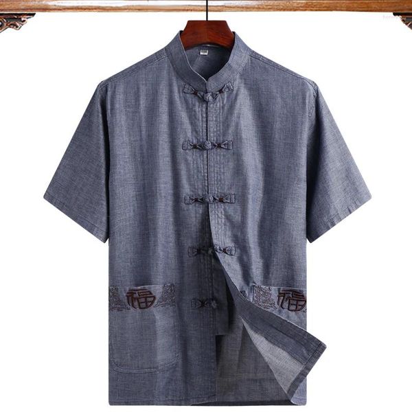 Camisetas de manga corta bordadas para hombre, camisa tradicional china de algodón y lino, blusa Wu Shu Uniformtai Chi, camisetas para hombre