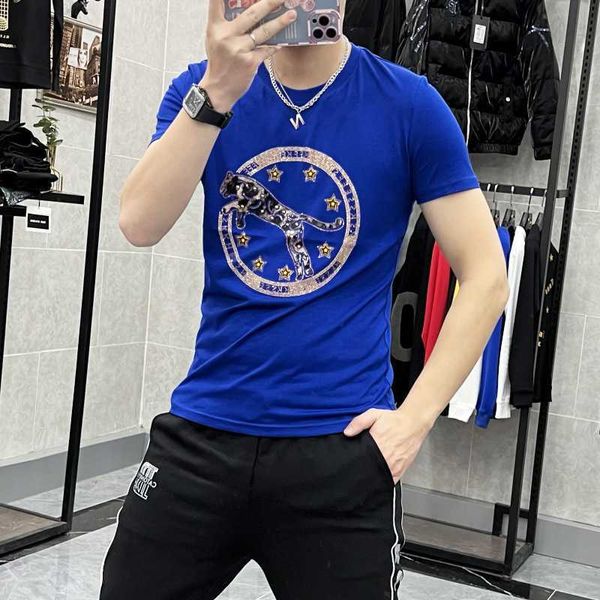 Camisetas de manga corta para hombre, camiseta con estampado de leopardo para hombre, novedad de verano 2022, cuello redondo, ropa para hombre, personalidad mercerizada, camisetas grandes de moda europea Z0221