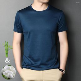 Camisetas de seda y bambú para hombre, camisa de viscosa de manga corta para hombre, camisetas de verano con cuello redondo, camisetas cómodas de algodón azul marino y blanco