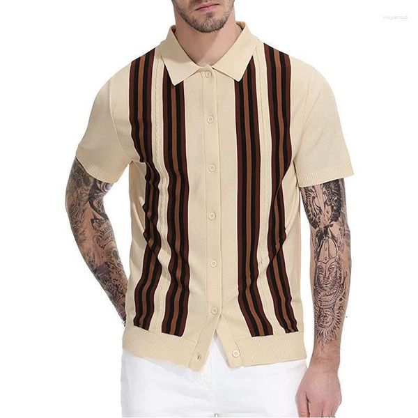 Camisetas para hombre Polo de negocios de jacquard de manga corta de punto a rayas de calidad de moda británica simple