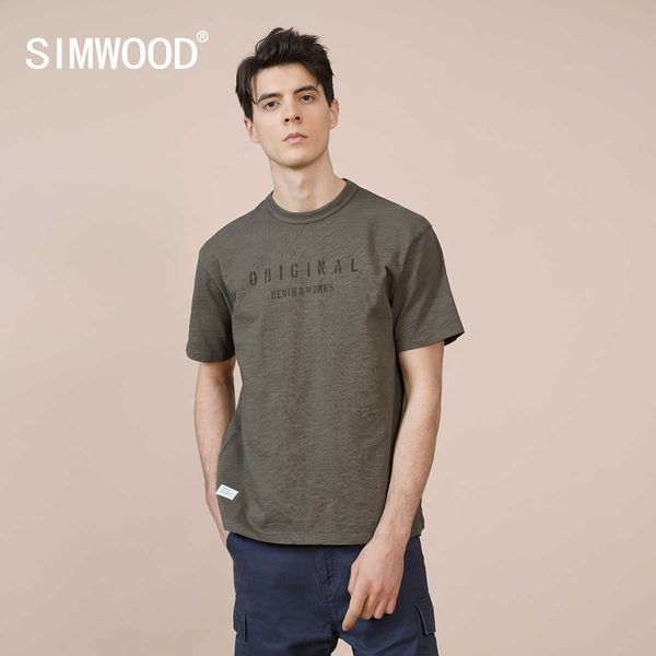 Camisetas de hombre SIMWOOD 2022 verano nuevo bambú conjunto de tela de algodón camiseta de hombre estampado de letras sueltas de talla grande Vintage Tops ropa de marca SK170137 T221006