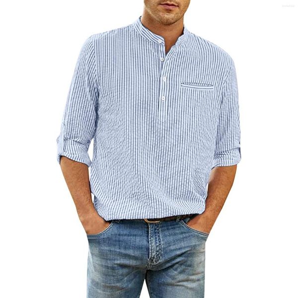 Camisetas para hombre, blusa ajustada para hombre, moda de primavera y verano, informal, a rayas, de algodón y lino, con botones, camisa de manga larga, Top grueso