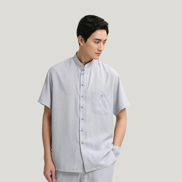 T-shirts pour hommes solide Style conventionnel chinois Blouse Mandarin col brodé coton lin petit haut Costume National