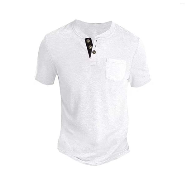 Camisetas para hombre, camisetas Henley de Color sólido, camisetas de manga corta con cuello redondo y bolsillo, camiseta informal de lino y algodón, camiseta fresca para uso diario