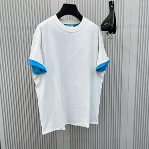 Camisetas para hombres Color sólido Hombres y mujeres Parejas Cuello redondo Verde Azul Blanco Doble contraste Casual con bridas Manga corta de alta calidad