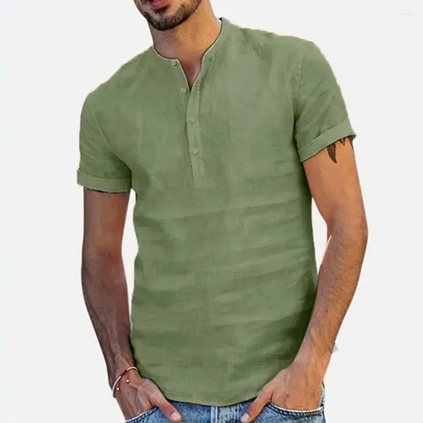 Camisetas para hombres Camisa de color sólido Elegante botón de cuello alto para uso casual de negocios Mangas cortas Ajuste suelto Mediados