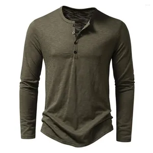 T-shirt à manches longues pour hommes, couleur unie, élégant, coupe cintrée, avec boutons à col rond, pour l'automne