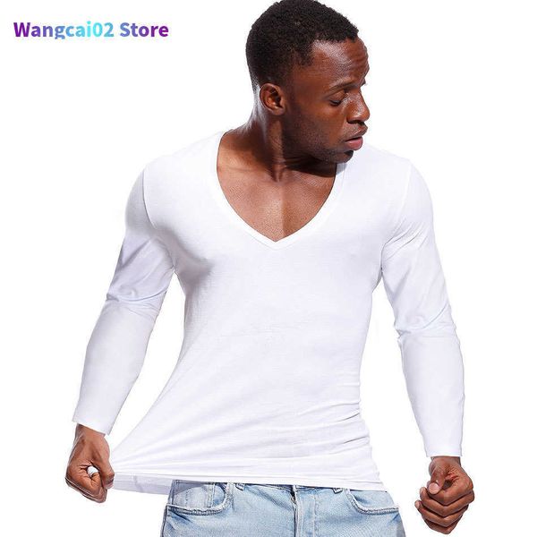 Camisetas para hombres Camiseta de color sólido para hombres Camisetas con cuello en V profundo Camisetas con cuello ancho de corte bajo para hombre Camiseta de manga larga ajustada de algodón 022023H