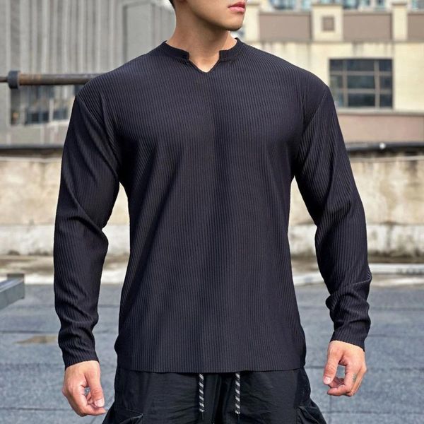 Camisetas para hombre Color sólido cuello en V tela con textura deportiva Top de manga larga adecuado para correr baloncesto camisa grande para hombre completo
