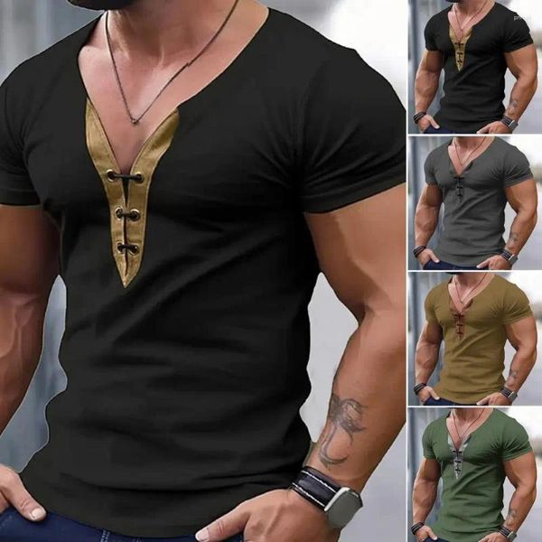 Camisetas para hombres Color sólido en V-cuello Top Top con cordones elegantes Camiseta Slim Fit Soft Tejer Verano al aire libre para ropa casual.