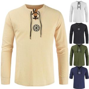 T-shirts pour hommes solide Hippie chemise décontracté à manches longues à lacets col rond T-Shirts automne printemps ample bouton haut M-4XL