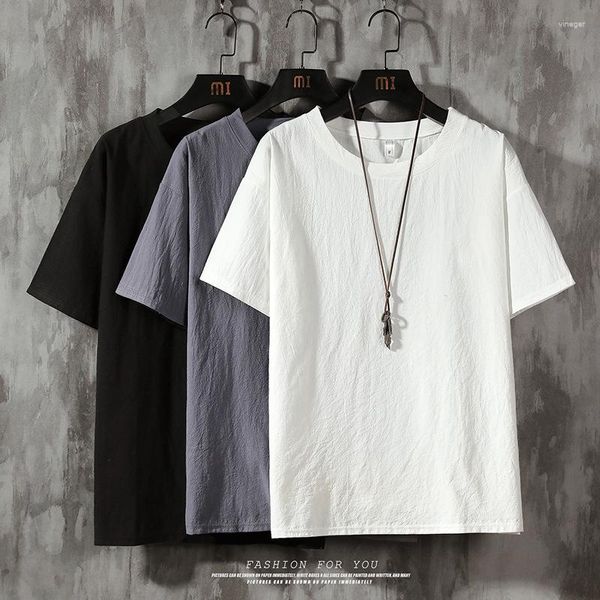 Camisetas de lino de color liso para hombre, camiseta de manga corta para verano, camisa de fondo holgado con cuello redondo blanco, moda coreana para hombre