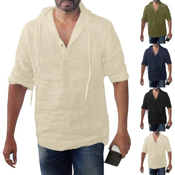 T-shirts pour hommes solide manches longues Baggy à capuche bouton hauts été rue T-Shirt Vintage taille de T-Shirt